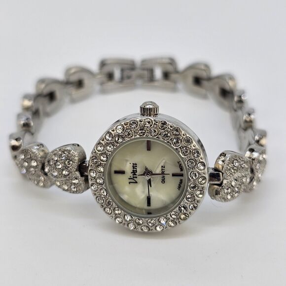 Vivani Women's Watch 22MM Silver Tone MOP Bling Hearts Band 6.75" New Battery - Picture 1 of 13